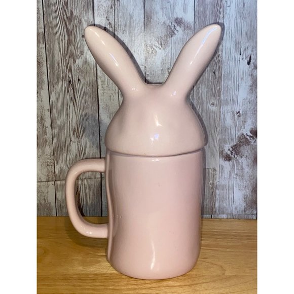 Rae Dunn Ceramic Pink Bunny Love Coffee Tea Mug Easter Rabbit Bunny Topper Lid - Picture 3 of 9